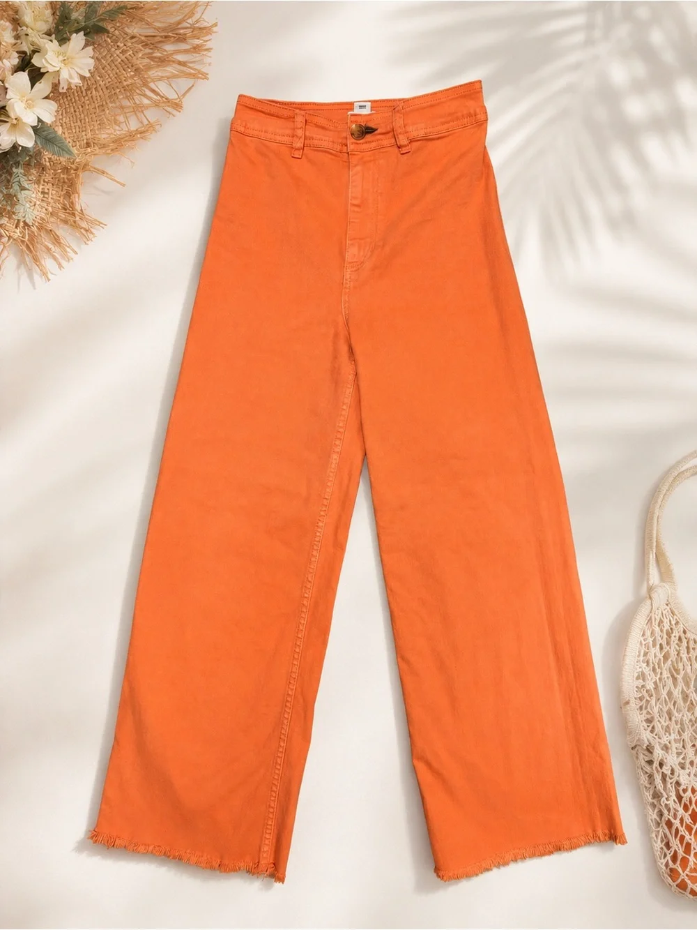 Billabong Coral Orange Cropped Wide Leg Jeans Size 25 | High Rise Raw Hem Pants - Picture 3 of 8